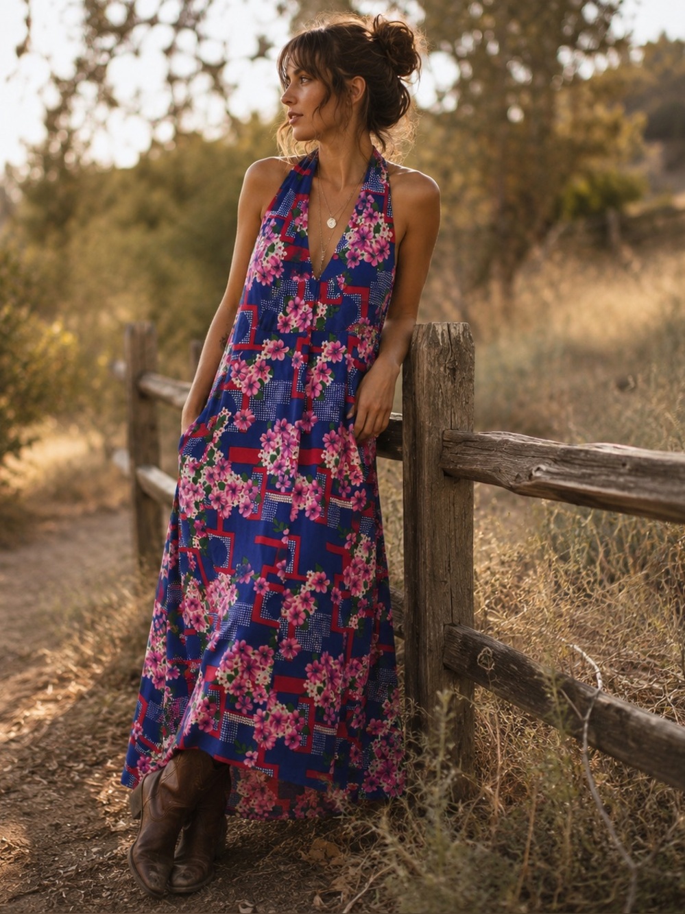 Vintage 70s Style Halter Maxi Dress - Boho Festival Floral Geometric Print